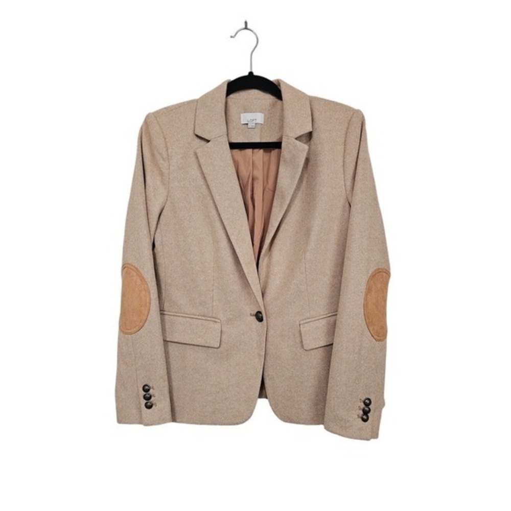 LOFT 6 Tan Herringbone Blazer Elbow Patches Academia Preppy Heritage Old Money ~